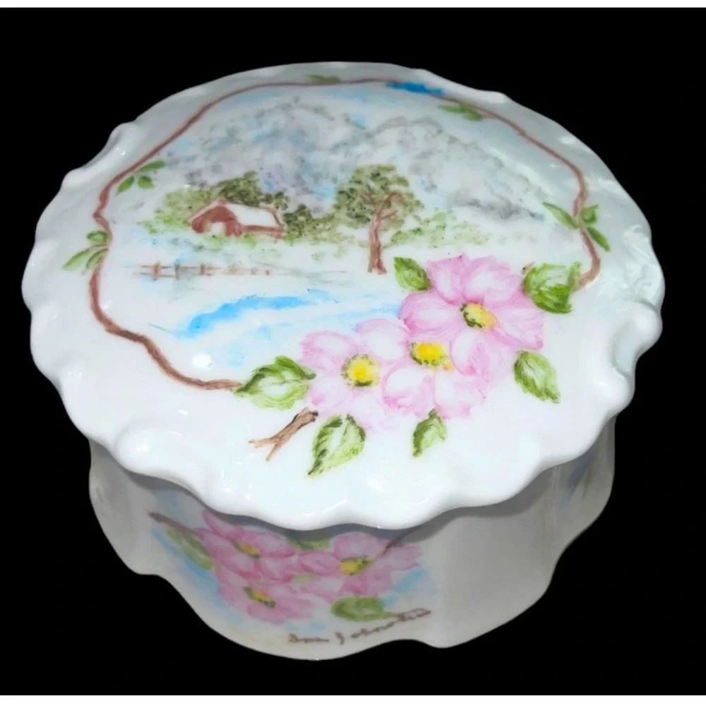 VTG painted China Trinket jewelry Dish Lid flowers Cottage-core Granny Scotland